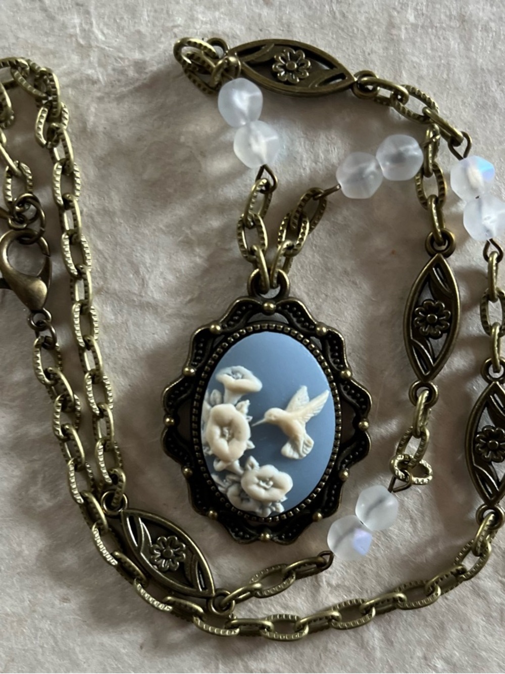 Hummingbird & Flowers Vintage Inspired Cameo Necklace Mothers Day Gift